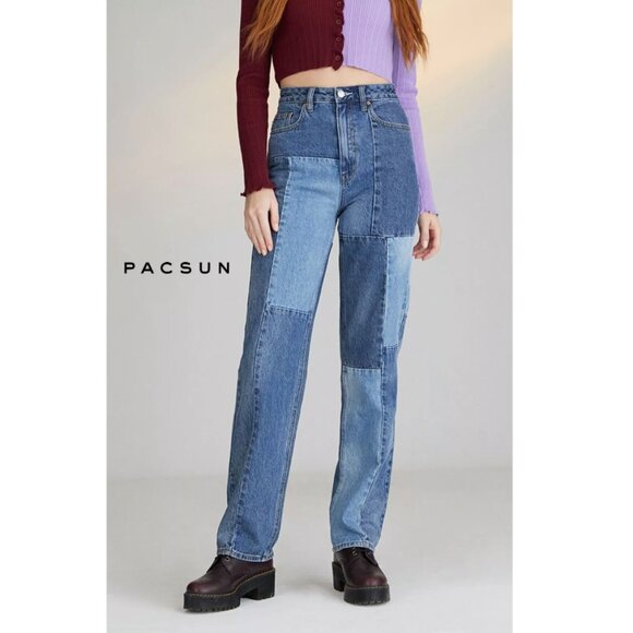 PacSun Eco Patchwork Boyfriend High Rise Baggy Jeans Womens 29 Medium Wash - Picture 1 of 10